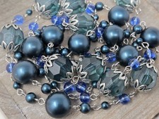 Teal Faux Pearl Blue Glass Beaded Necklace Silver Tone Vintage 44 Inches Long