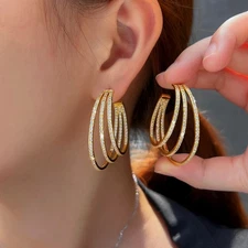 Women Stylish Gold Plated Cubic Zirconia Multi-layer CZ Big Circle Hoop Earrings