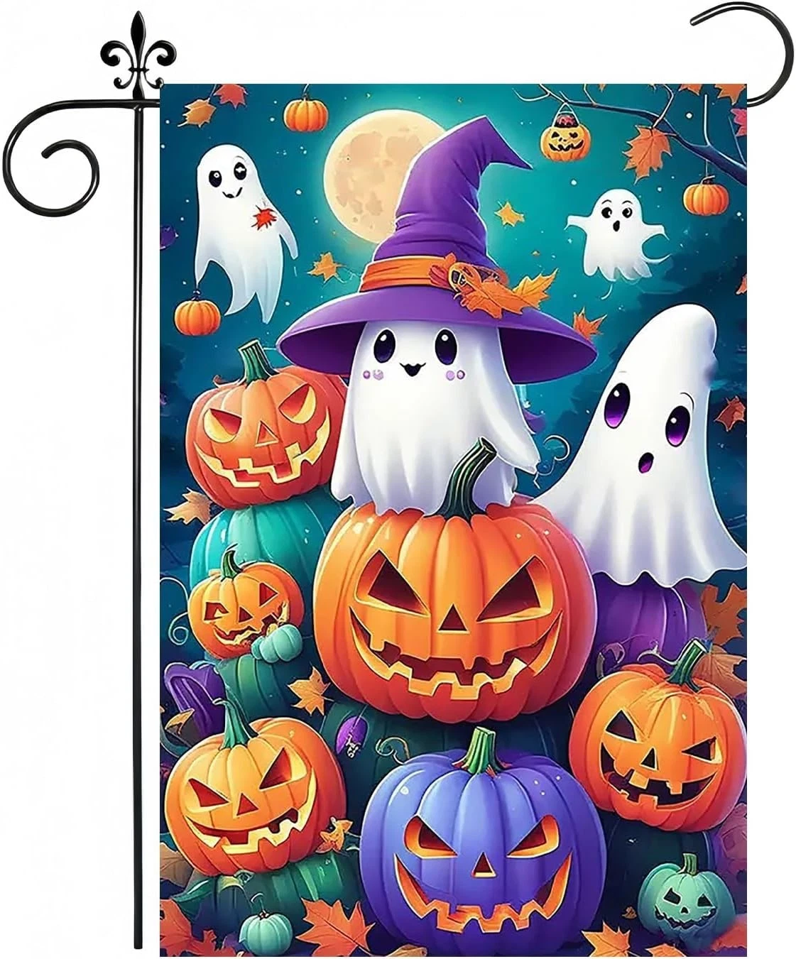 Halloween Garden Flag for outside 12X18 Inch Double Sided, Pumpkin Ghost Small Y