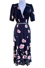 Reformation Alina Midi Dress Black Poppy Print Sz 4 Vintage Style Lace Trim
