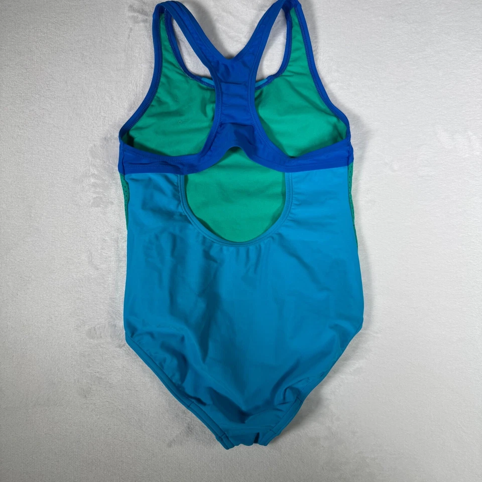 Traje de baño Speedo para niñas talla 14 azul verde atlético de una pieza entrenamiento espalda corredora Foto 3 de 4