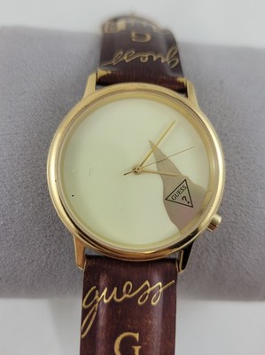 Vintage 1993 Guess Watch Ivory & Gold Brown Leather Embossed Band New Battery