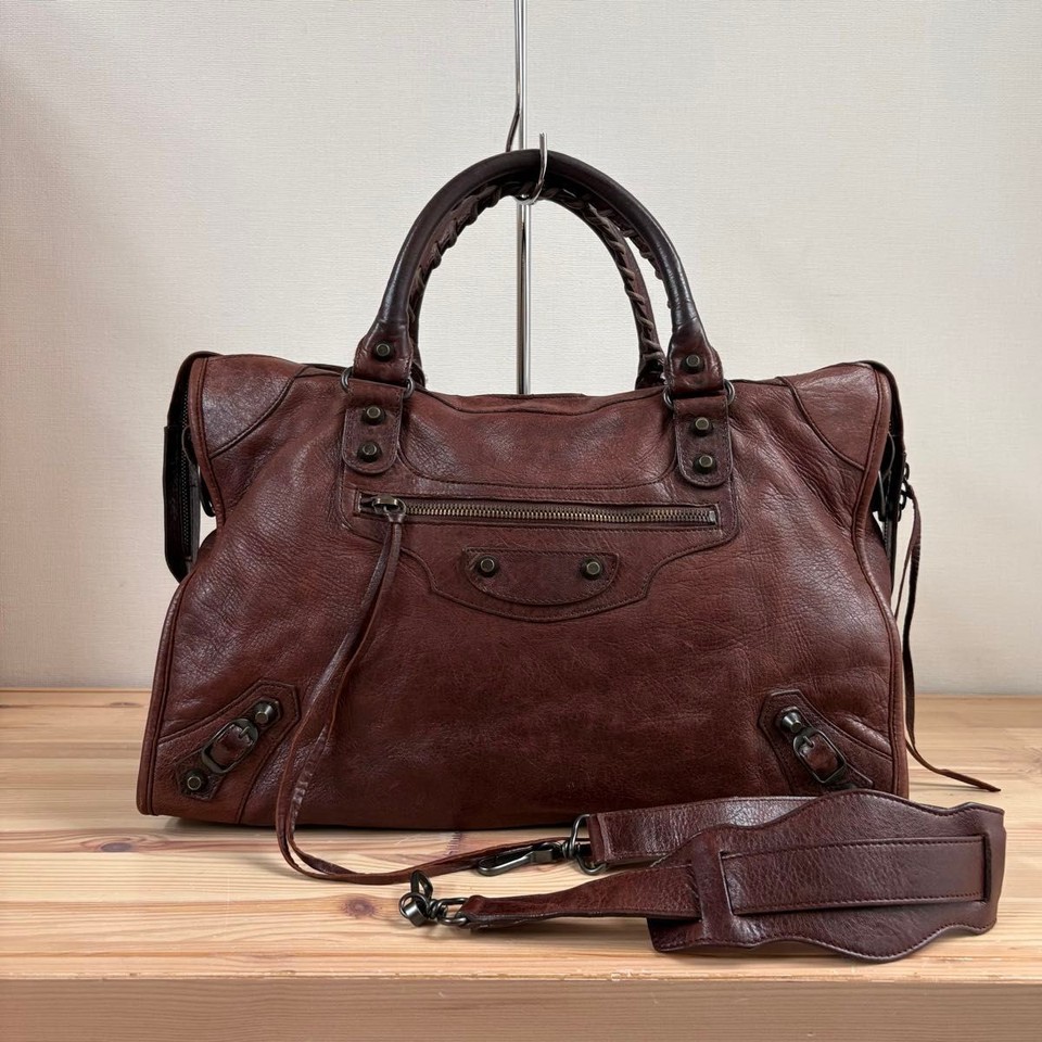 BALENCIAGA The City 115748 Brown Leather Motorcycle Bag Wide Strap Auth Y2k