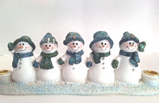 Vtg Polystone Snowman Candle Holder 8" Gold Tone Christmas Glitter Hats w/ Box