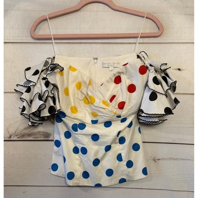 CAROLINE CONSTAS Polka Dot Off Shoulder Ruffle Top Ivory Red Blue Yellow Black S