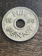 1956 Fiji 1 One Penny AU Uncirculated Elizabeth ll Holed Actual Coin TC1512*