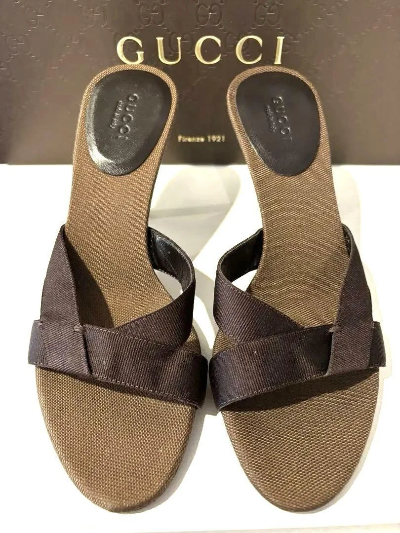Gucci Sandales Escarpins Chaussures Mules Marron Bout Ouvert Femme Taille US4,5 21,5cm Avec Boîte