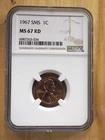1967 1c Lincoln Memorial Cent - SMS ~ NGC MS 67 RD - FREE SHIPPING!