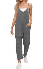 Ladies Casual V Neck Summer Jumpsuit, Sleeveless Loose overalls with Pockets