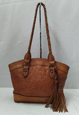 Patricia Nash Brown Tan Leather Floral Tooled Woven Double Handle Shoulder Bag