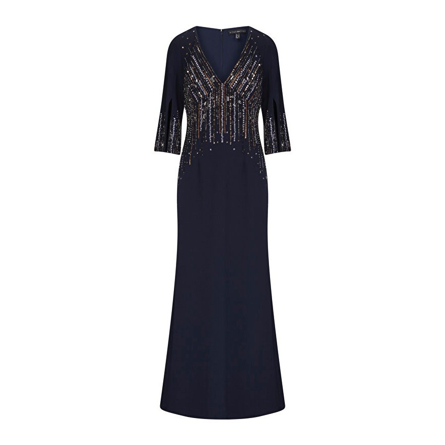 NWOT Aidan Mattox Womens Size 6 Navy Blue Beaded Crepe Maxi Dress Gown NEW  | eBay