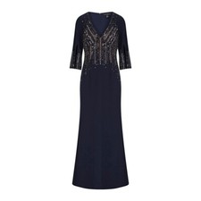 NWOT Aidan Mattox Womens Size 6 Navy Blue Beaded Crepe Maxi Dress Gown NEW