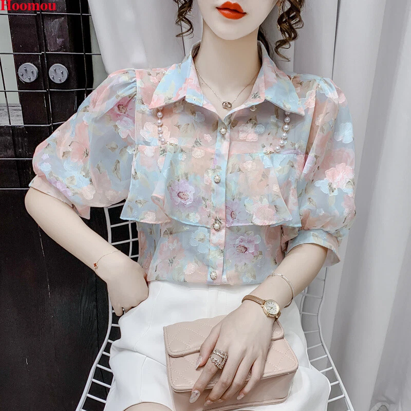 Korean Women Flower Floral Chiffon Bohemian Casual Butto Down Shirt Tops  Blouse