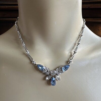 VTG Engel Brothers Art Deco Link Necklace 15 Inch Clear Blue 925 Sterling 16.8g