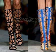 Gladiator Hollow Out Peep Toe Knee High Boots Women Sandals Punk Stilettos Heel
