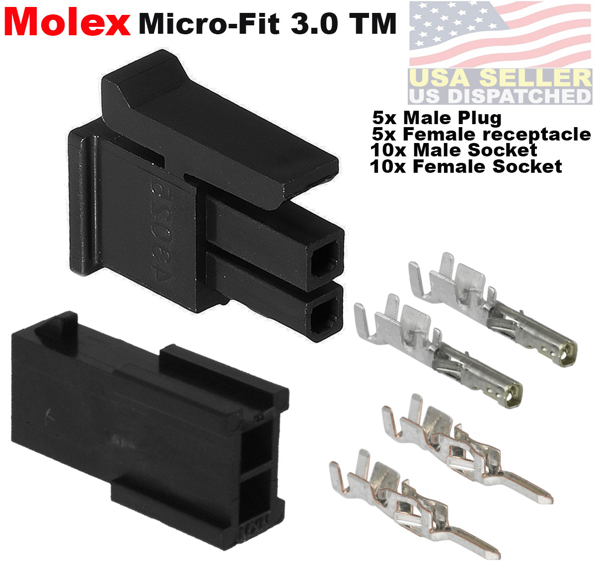 Molex (2 Circuits) 5 SET Male & Female Housing w/ Pins 20-24 AWG