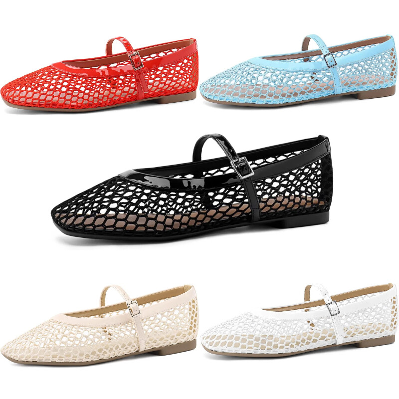 Mesh Ballet Flats for Women Ballerina Flats Buckle Strap Fishnet Flat Shoes