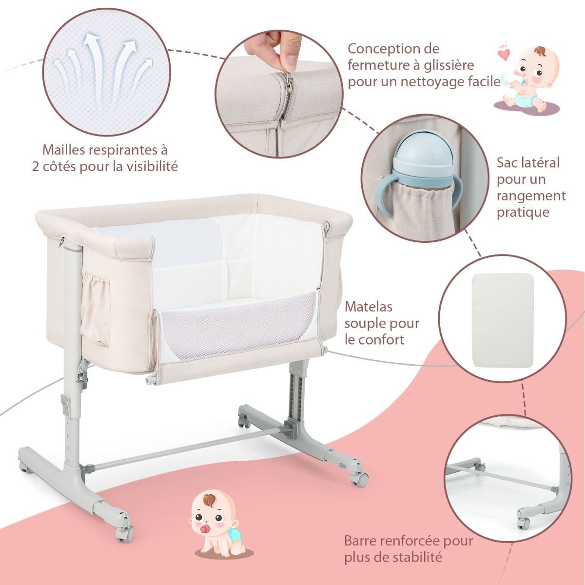 Lit cododo bébé réglable en hauteur gris clair de 0 à 6 mois - 4