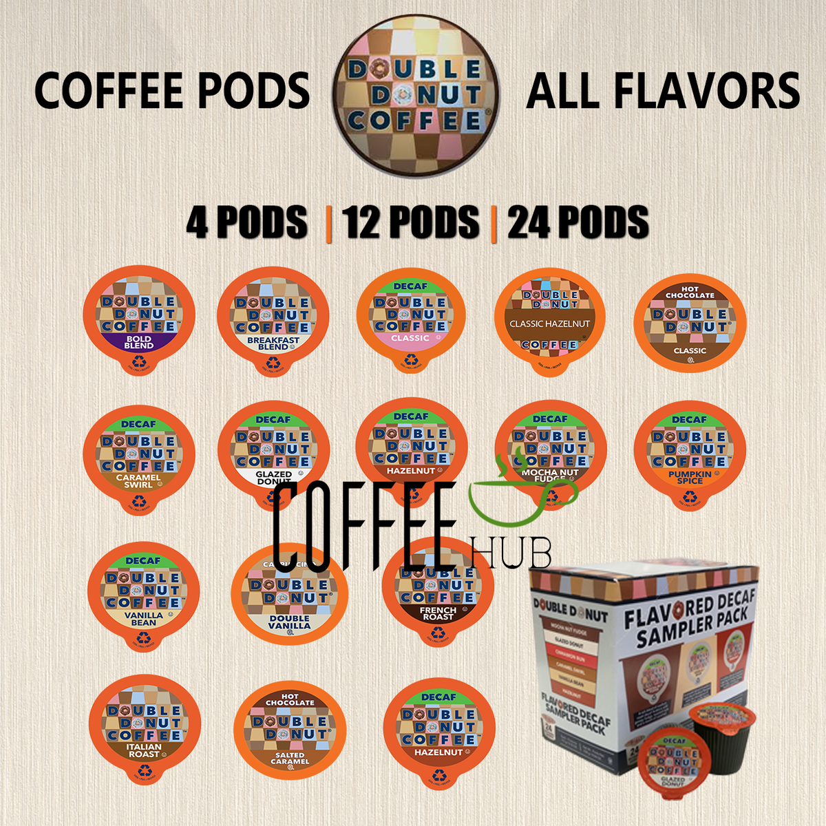 Double Donut Coffee Pods 24 Capsules or Hot Chocolate K-Cups