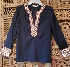 Tory Burch Navy Blue Tunic Sheer with Embroided Trim Sz 2.