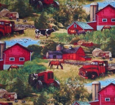 Quilt Fabric 7/8+ Yard Vtg Country Farm Scene Horse Barn Truck Premium Cotton