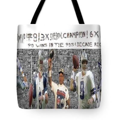 Troy Aikman Dallas Cowboys Tote Bag - 90s Dynasty Record Art - Hand-Drawn #8