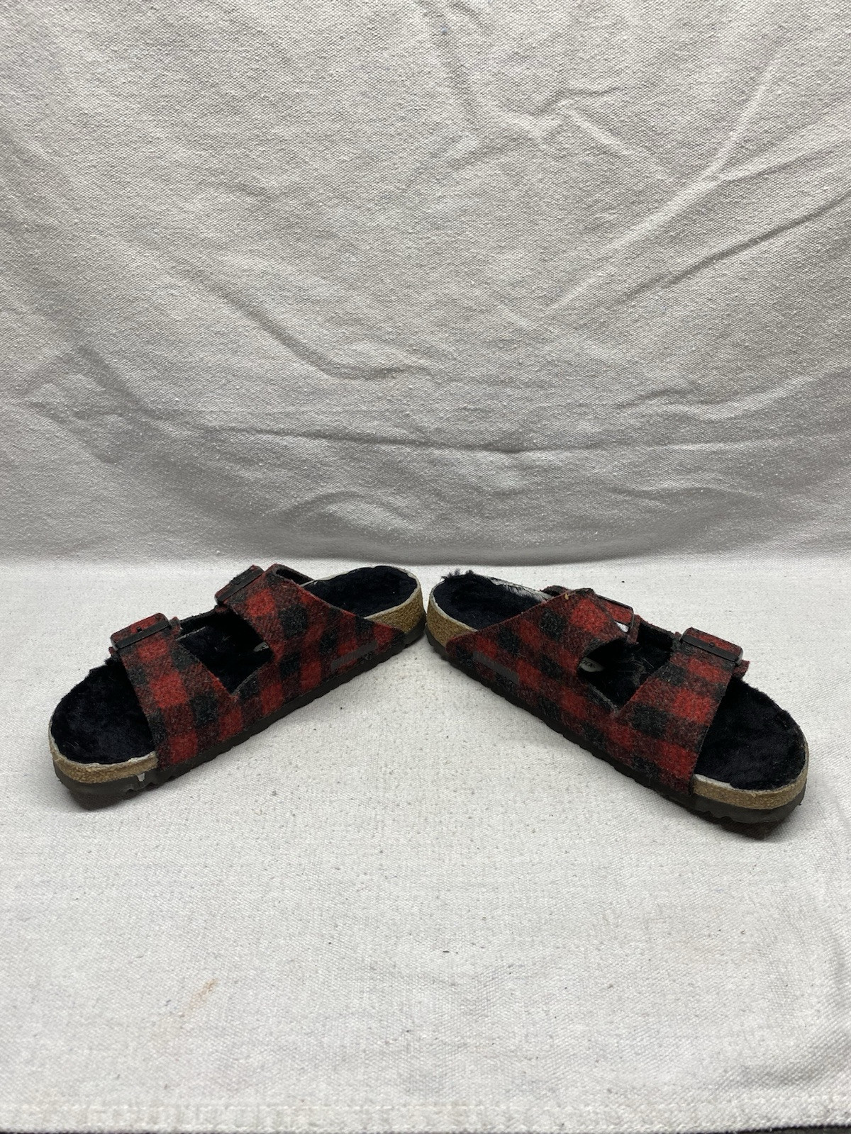Women's Birkenstock 10M Red Black Plaid Fur Buckle Sandals