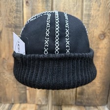 UGG TASMAN BRAID SUEDE LEATHER BEANIE HAT WOMENS S/M BLACK KNIT CUFF SAMPLE