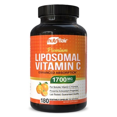 NutriFlair Liposomal Vitamin C 1700mg, 180 180 Count (Pack of 1), Yellow