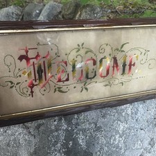 Antique  welcome  needlework on punch paper In Period Frame