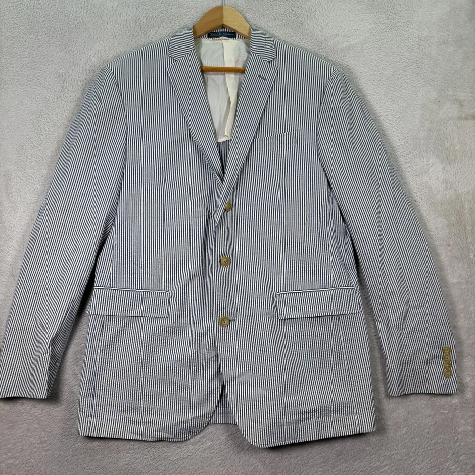 Polo Ralph Lauren Blazer Jacket Mens 42L White Blue Striped Seersucker Italy EUC - Image 2 of 4