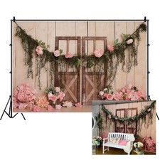 7x5ft Wedding Backdrop Rustic Pink Flowers Wood Door Photography Background