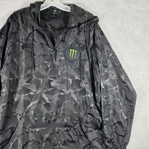 Monster Energy Camo Anorak Windbreaker Pullover Mens Medium Black Hooded Jacket image 3