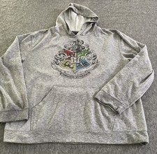 Harry Potter Hoodie Mens 2XL Hogwarts Crest Pullover Sweatshirt Gray Wizard EUC