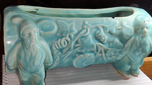 Vintage McCoy Or Shawnee Pottery gnome Log Planter In Aqua Blue Glaze Has "USA"