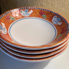 4VIETRI CAMPAGNA Melamine Pasta Bowls Birds Orange Blue  8.5/8” Euc Unbreakable