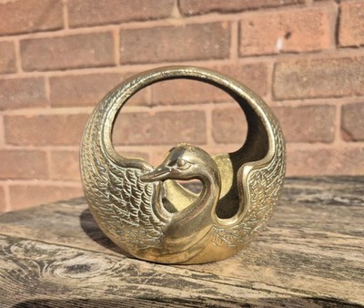 Vintage massiv Messing Art Deco Schwan Kranich Vogel Übertopf Obstkorb Schale Sammlerstück
