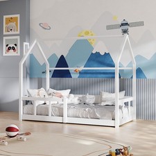 Wooden House Kids Bed Frame Toddler Tree House Roof Chimney Platform Bed Frame