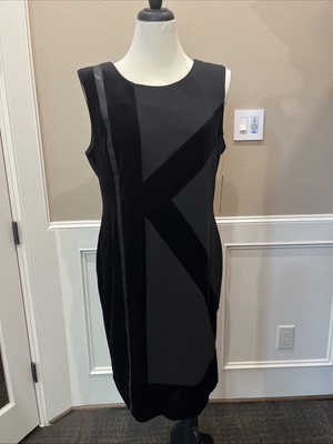 KARL LARGERFELD Black Shift Dress Velvet & Leather Detail Sz14 $148