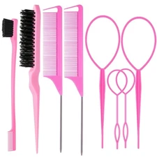 8 Piece Hair Brush Set with 4 Topsy Tail Tools, Teasing Brush, Edge Control