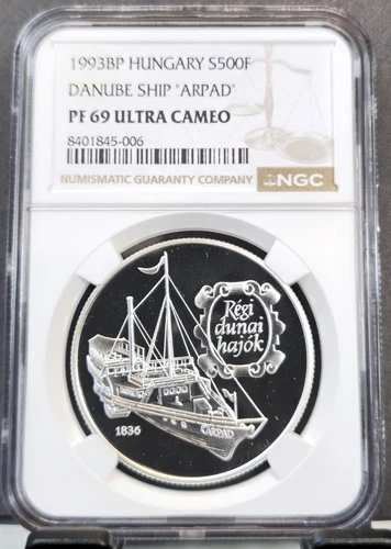 1993 HUNGARY SILVER 500 FORINT DANUBE SHIP NGC PF 69 ULTRA CAMEO RARE TOP POP
