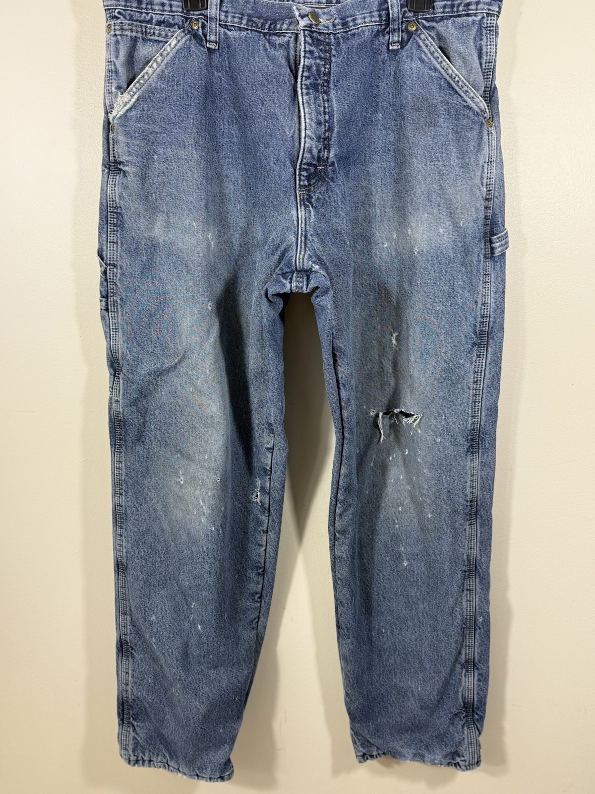 Wrangler Work Carpenter Jeans Mens 38 Fleece Lined Baggy Distressed Thrashed