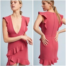 BHLDN Anthropologie Monique Lhuillier Asymmetrical Ruffle Mini Dress Pink Size 4