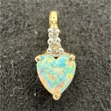 SIGNED 10K Gold Heart Opal Diamond Pendant 0.61g Vintage Estate Jewelry