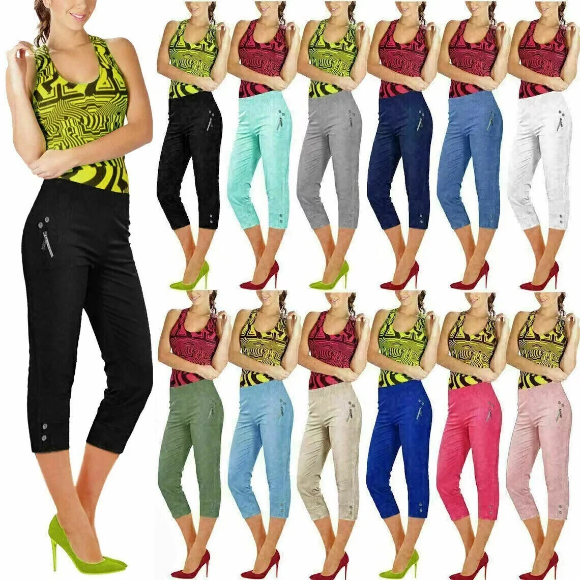Ladies CHERRY BERRY CAPRI TROUSERS Women's Cropped 3/4 Elasticated Summer Pants
Opens in a new windo