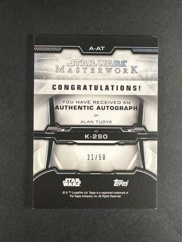 2019 Star Wars Topps Masterwork Alan Tudyk K-2SO Rainbow Foil Auto /50 A-AT - Picture 2 of 2