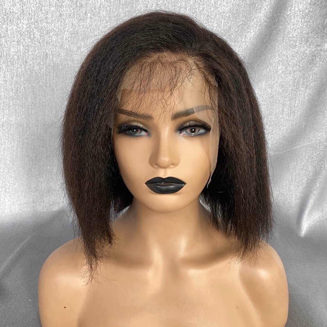 150 Density 10" ntr Kinky Straight Human Hair Front Lace Wig Bob Wig
