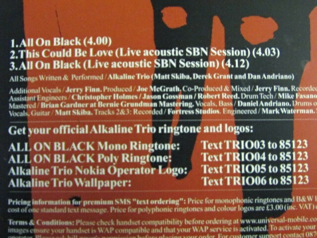ALKALINE TRIO ALL ON BLACK CD SINGLE+2 LIVE ACOUSTIC SONGS SBN SESSION VG++ OOP Foto 3 de 4