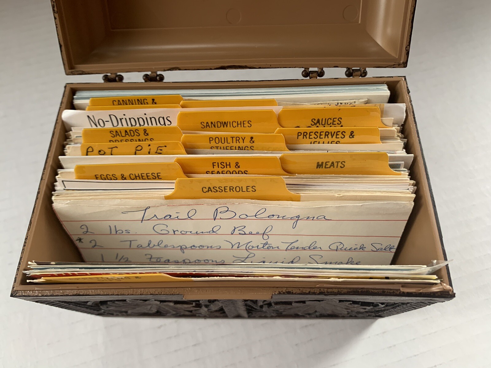 Vintage Lerner Melwood Recipe Card File Box With Recipes Faux Carved