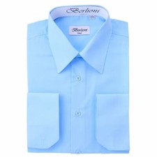 BERLIONI ITALY MEN'S DRESS SHIRT FRENCH CONVERTIBLE CUFF DRESS SHIRT LIGHT BLUE